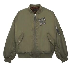 The Kooples Womens Green Bomber Jacket Fleur de Lis Beaded Badge Oversized New